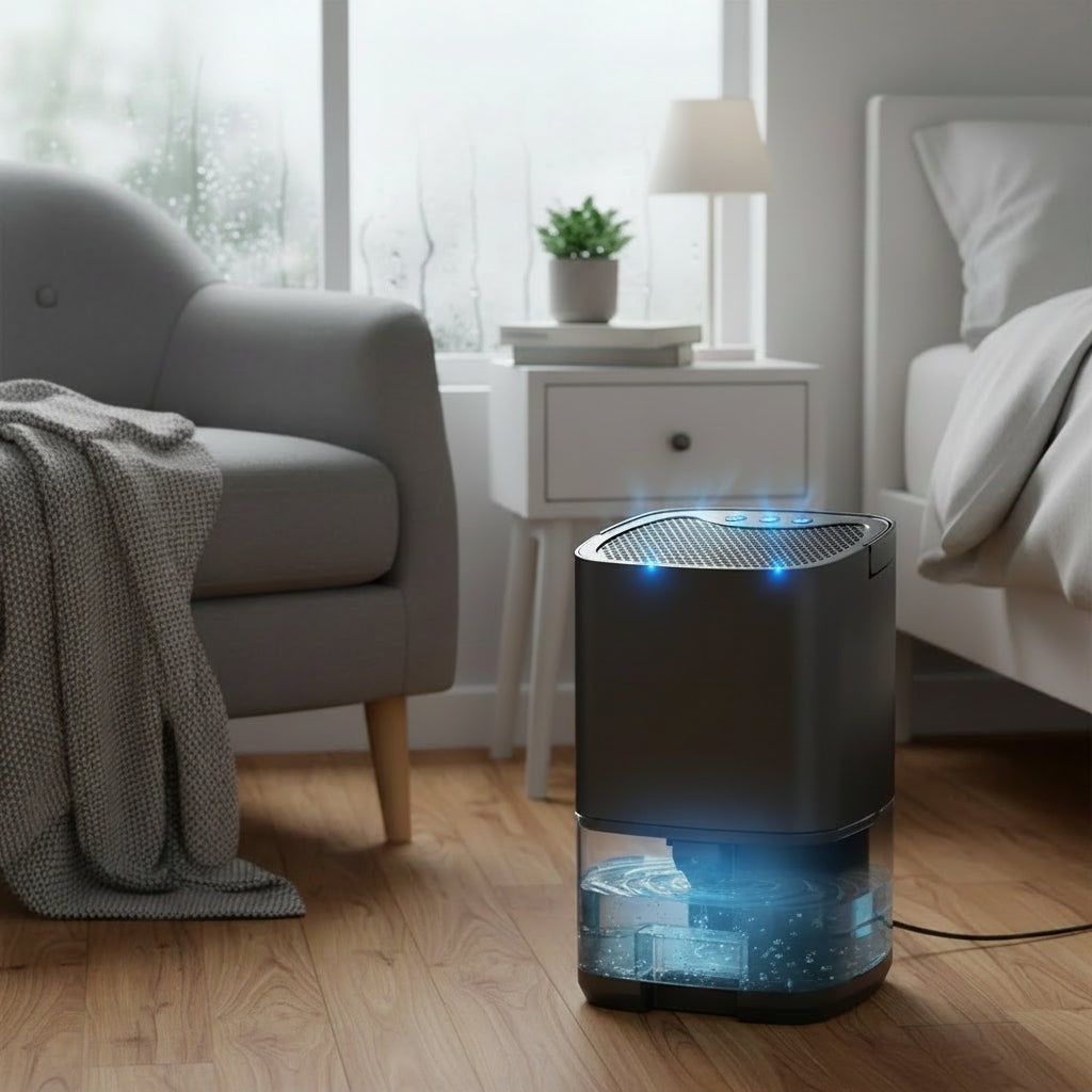 Déshumidificateur compact à trois boutons et bac transparent