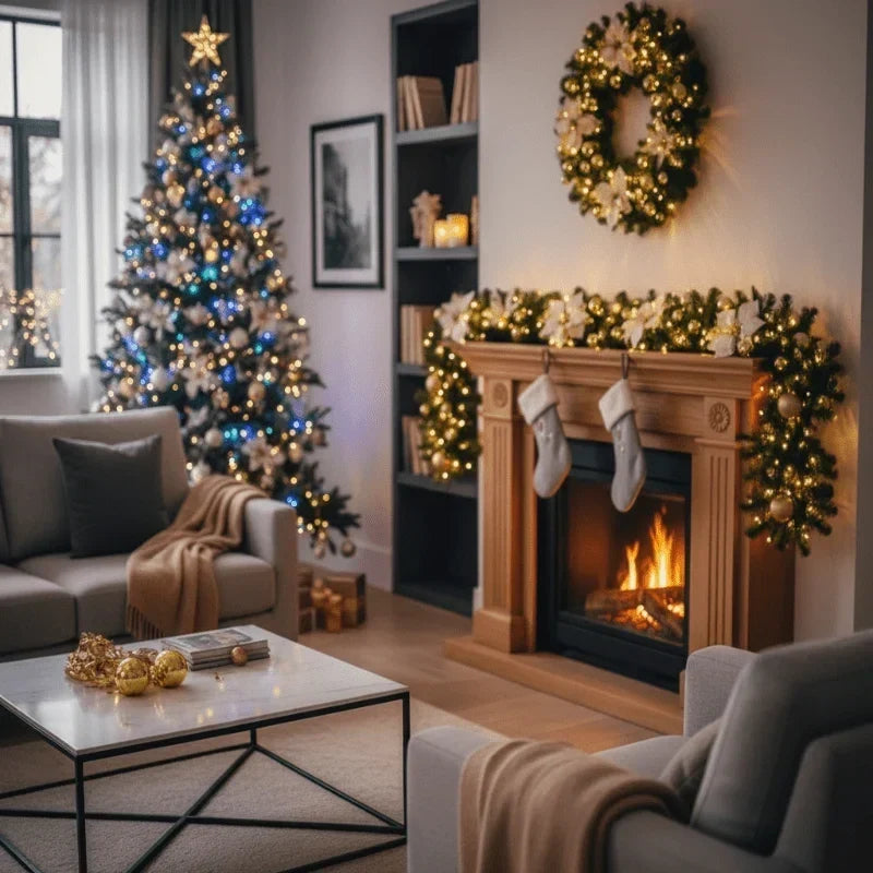 Guirlande de Noël lumineuse avec fleurs et ornements