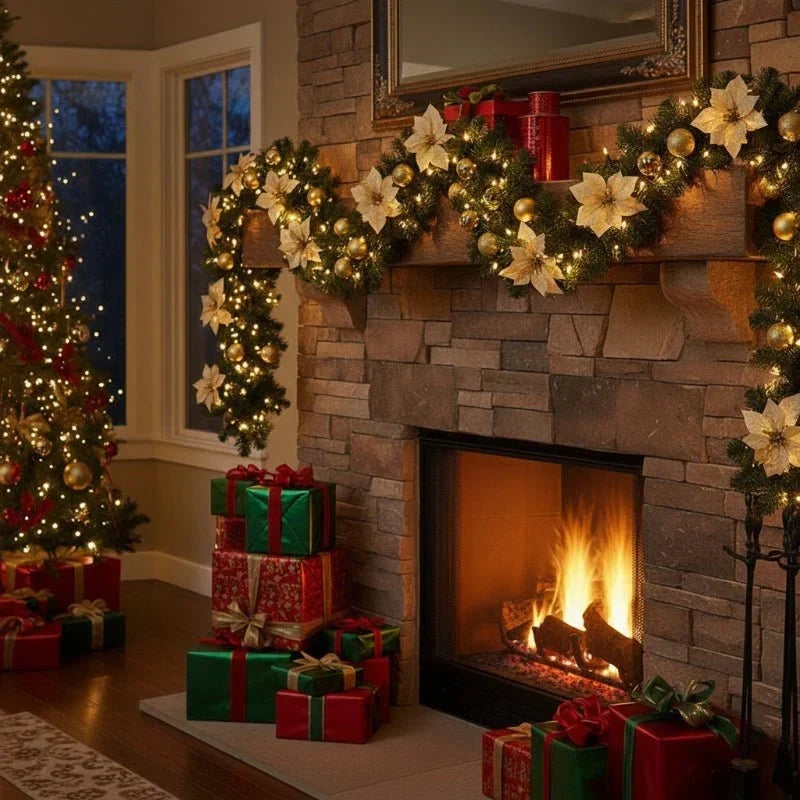 Guirlande de Noël lumineuse avec fleurs et ornements