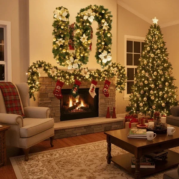 Guirlande de Noël lumineuse avec fleurs et ornements
