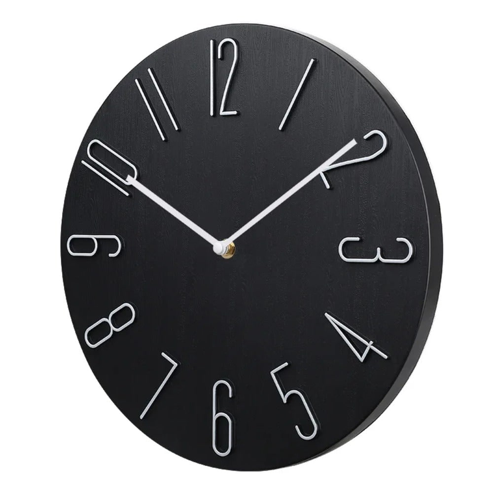 Horloge murale ronde à chiffres en relief et cadran effet bois