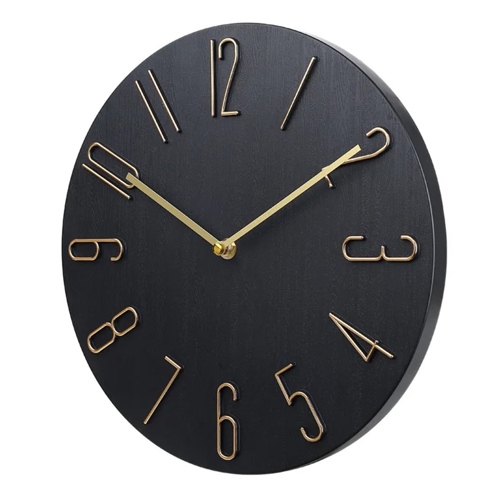 Horloge murale ronde à chiffres en relief et cadran effet bois