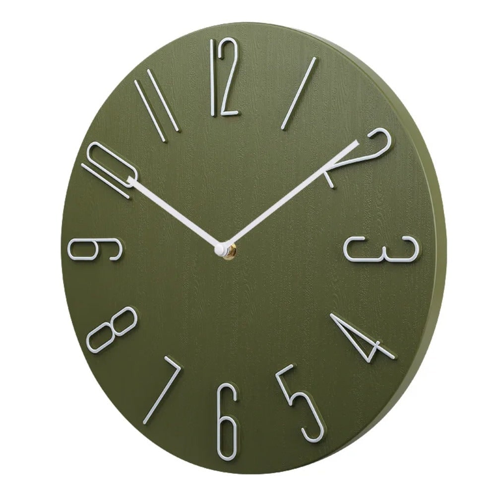Horloge murale ronde à chiffres en relief et cadran effet bois