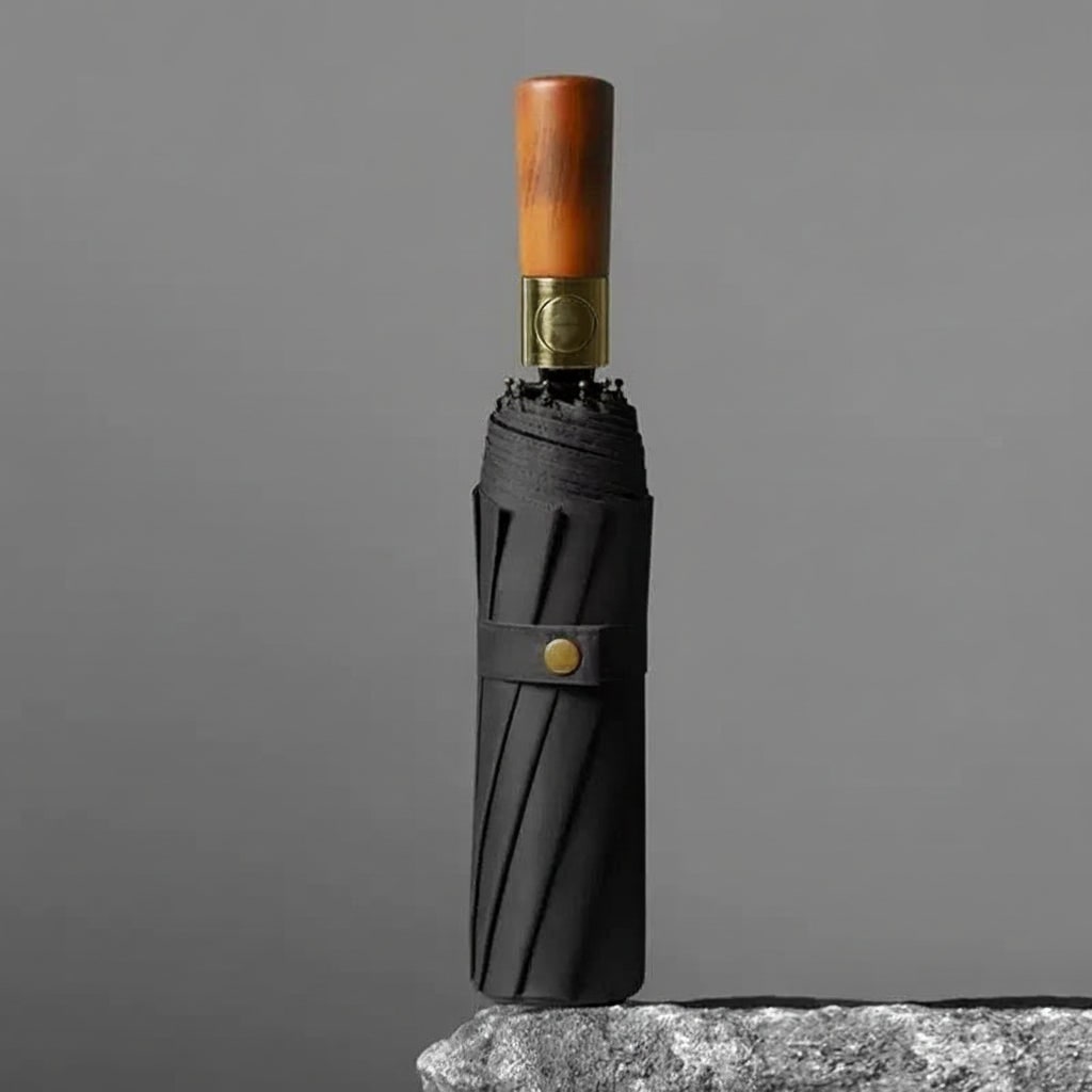 Parapluie de voyage pliant automatique avec poignée en bois