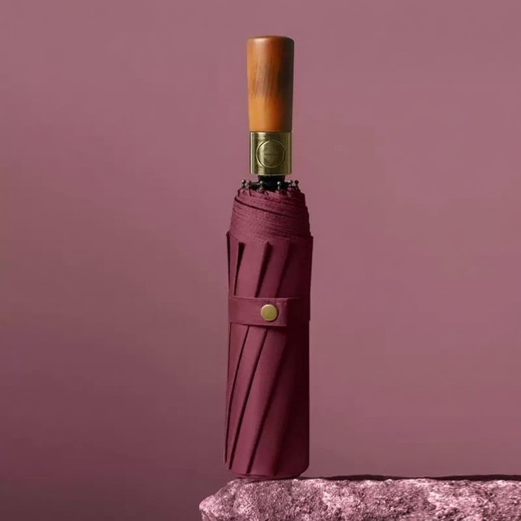 Parapluie de voyage pliant automatique avec poignée en bois