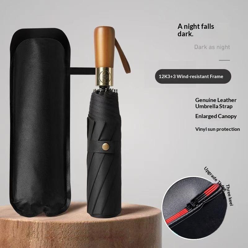 Parapluie de voyage pliant automatique avec poignée en bois