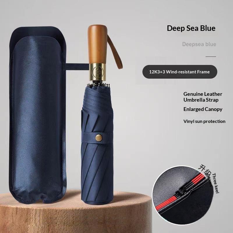 Parapluie de voyage pliant automatique avec poignée en bois