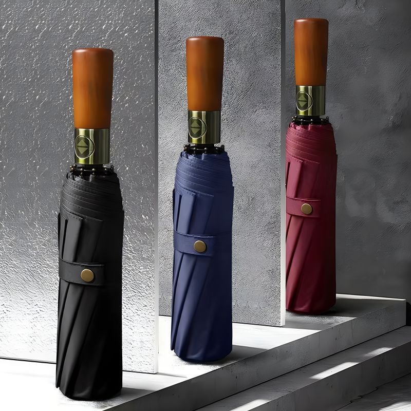 Parapluie de voyage pliant automatique avec poignée en bois