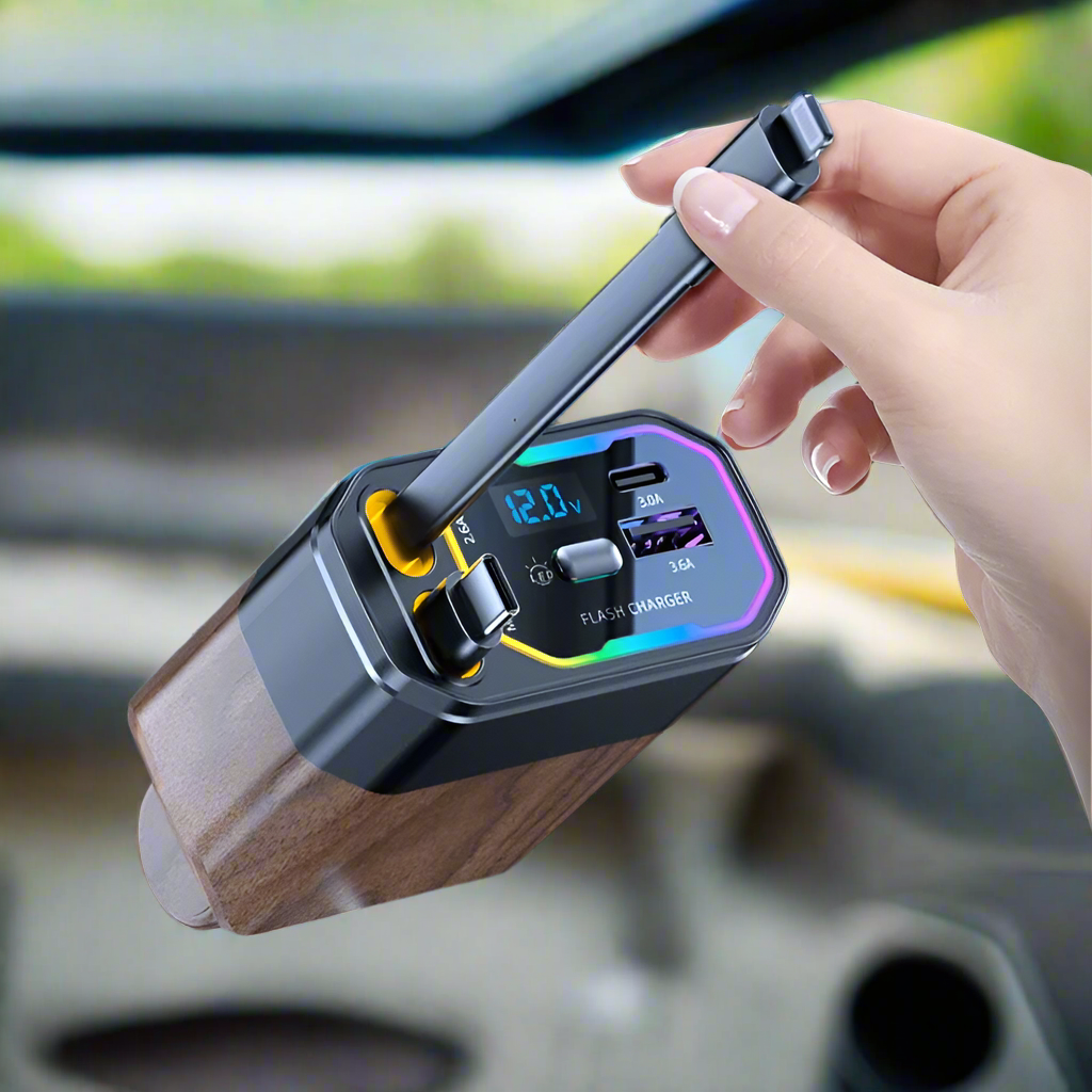 Chargeur de voiture rétractable avec câbles et affichage de tension