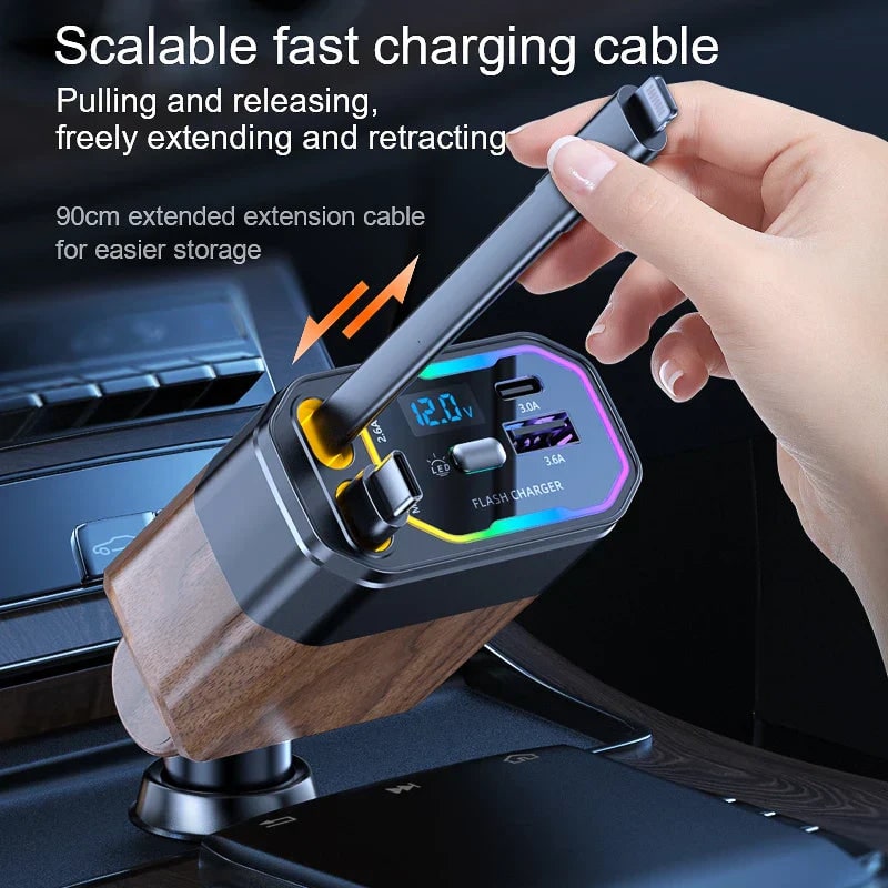 Chargeur de voiture rétractable avec câbles et affichage de tension
