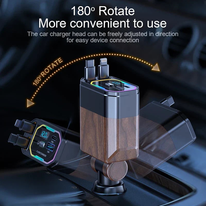 Chargeur de voiture rétractable avec câbles et affichage de tension
