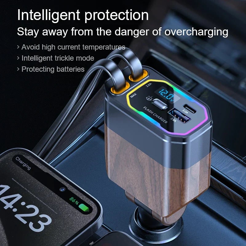 Chargeur de voiture rétractable avec câbles et affichage de tension