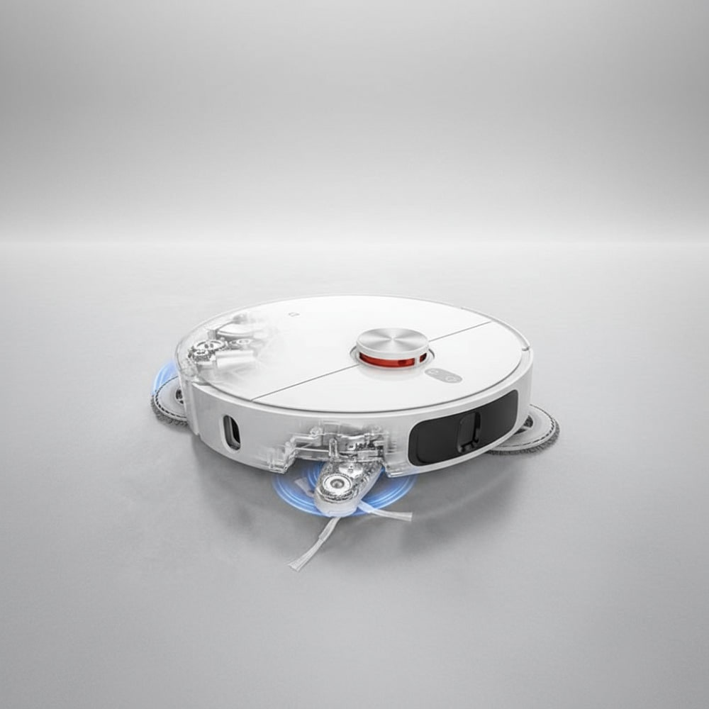 Robot de nettoyage avec doubles tampons rotatifs et brosses latérales