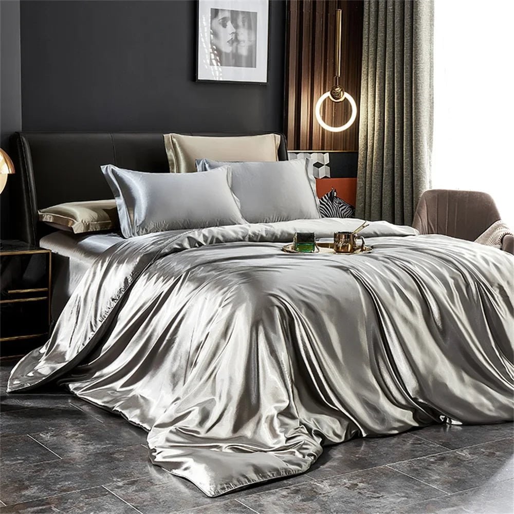 Parure de lit en satin avec housse de couette et taies