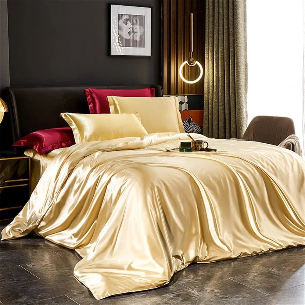 Parure de lit en satin avec housse de couette et taies