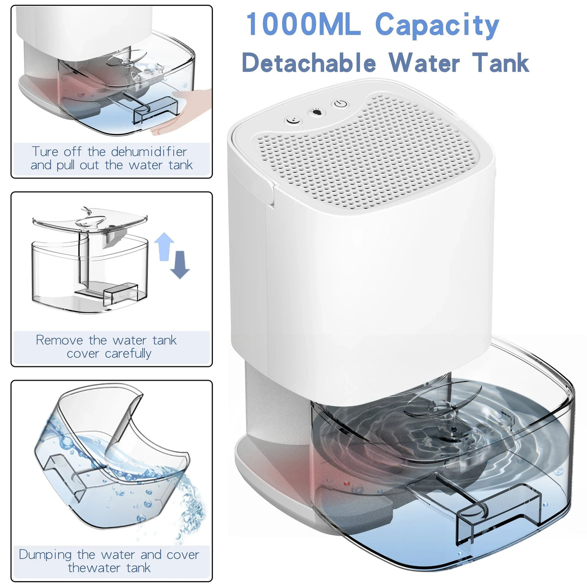 Déshumidificateur compact à réservoir de 1 litre et veilleuse