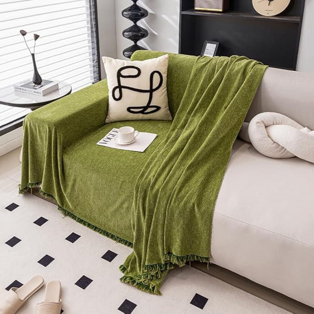 Plaid de canapé en chenille à chevrons et franges