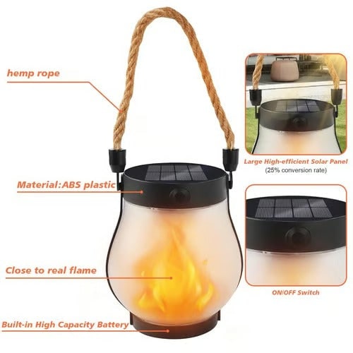 Lanterne solaire à effet flamme avec anse en corde