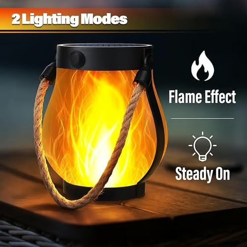 Lanterne solaire à effet flamme avec anse en corde