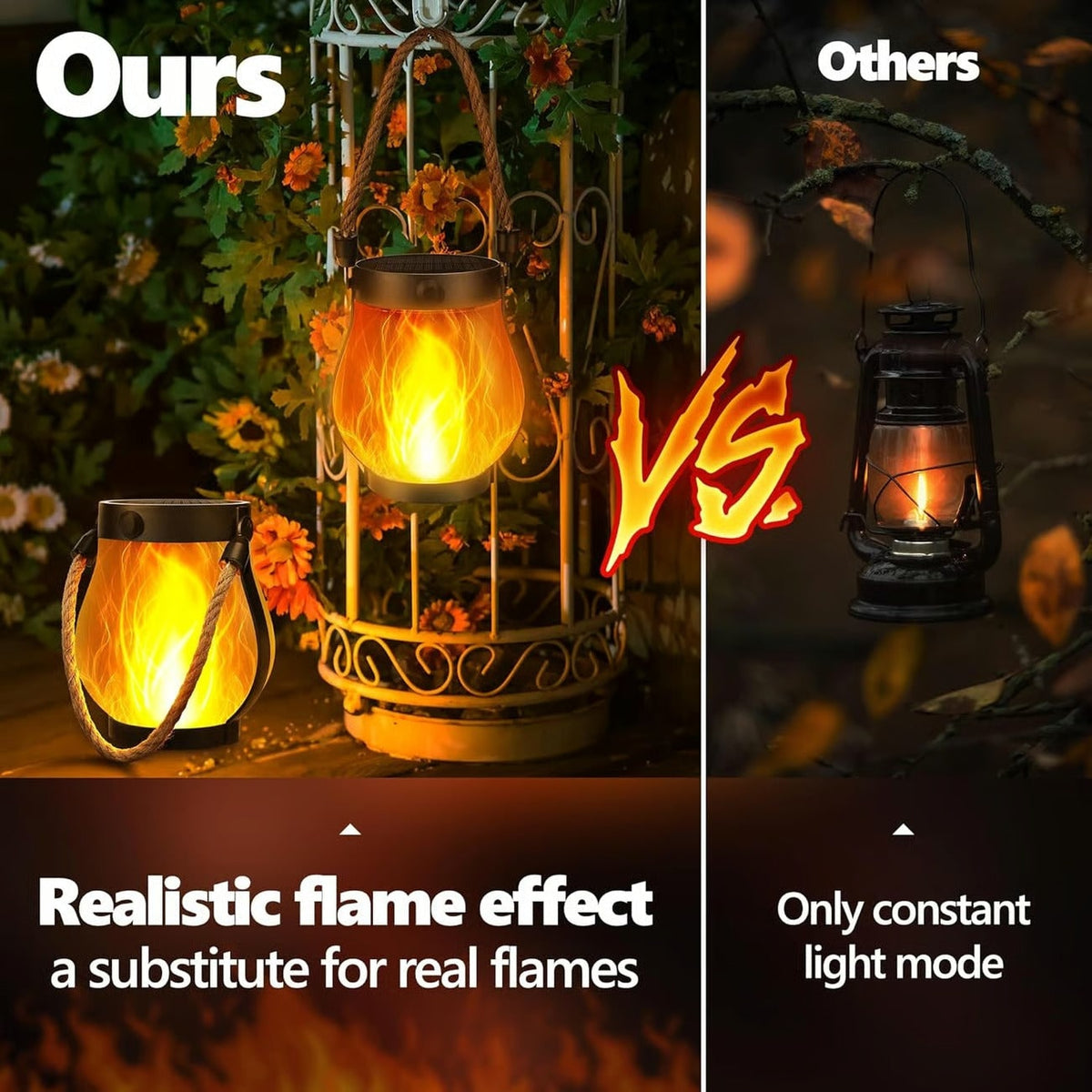 Lanterne solaire à effet flamme avec anse en corde