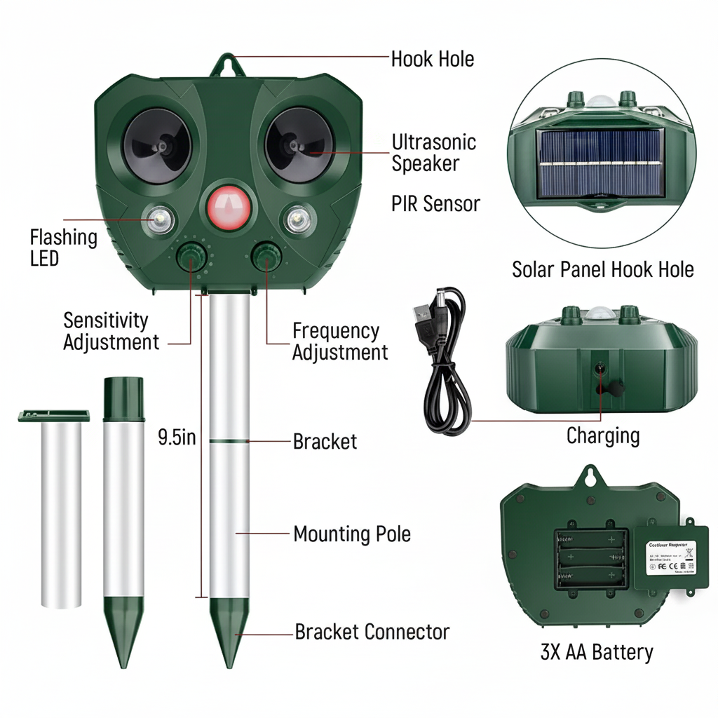 Répulsif solaire de jardin à détection de mouvement et témoins lumineux
