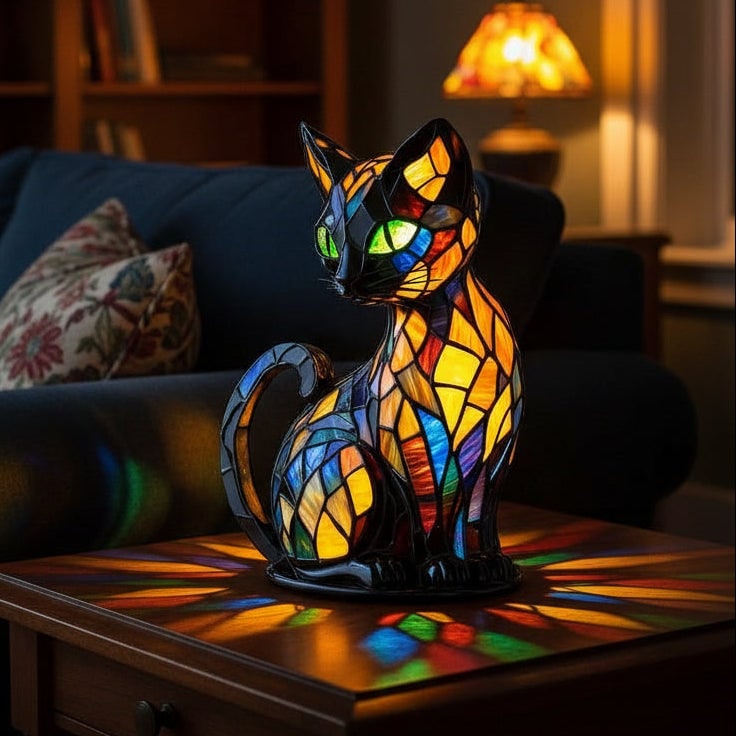 Lampe de table chat en verre coloré à motif mosaïque