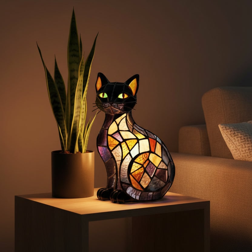 Lampe de table chat en verre coloré à motif mosaïque