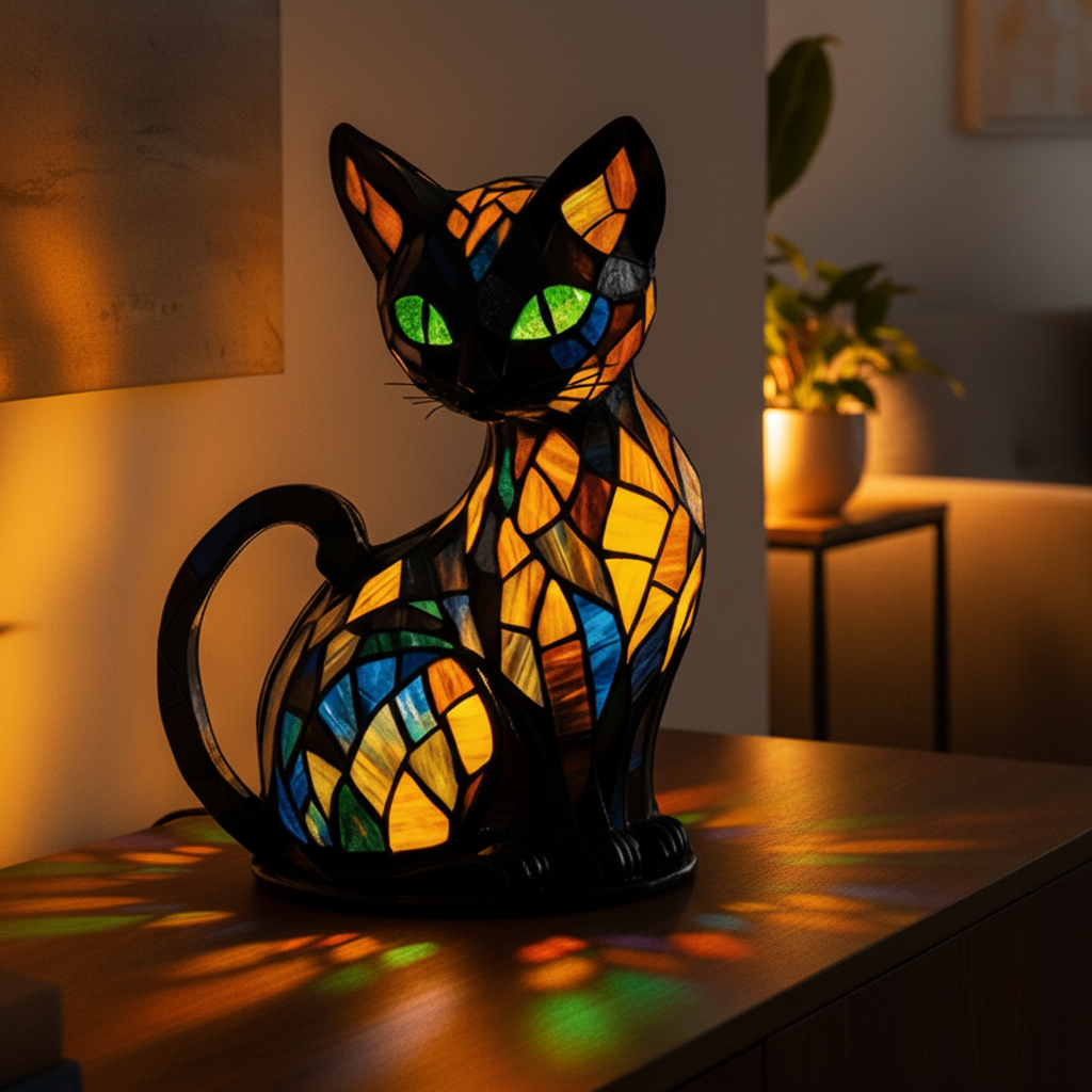 Lampe de table chat en verre coloré à motif mosaïque