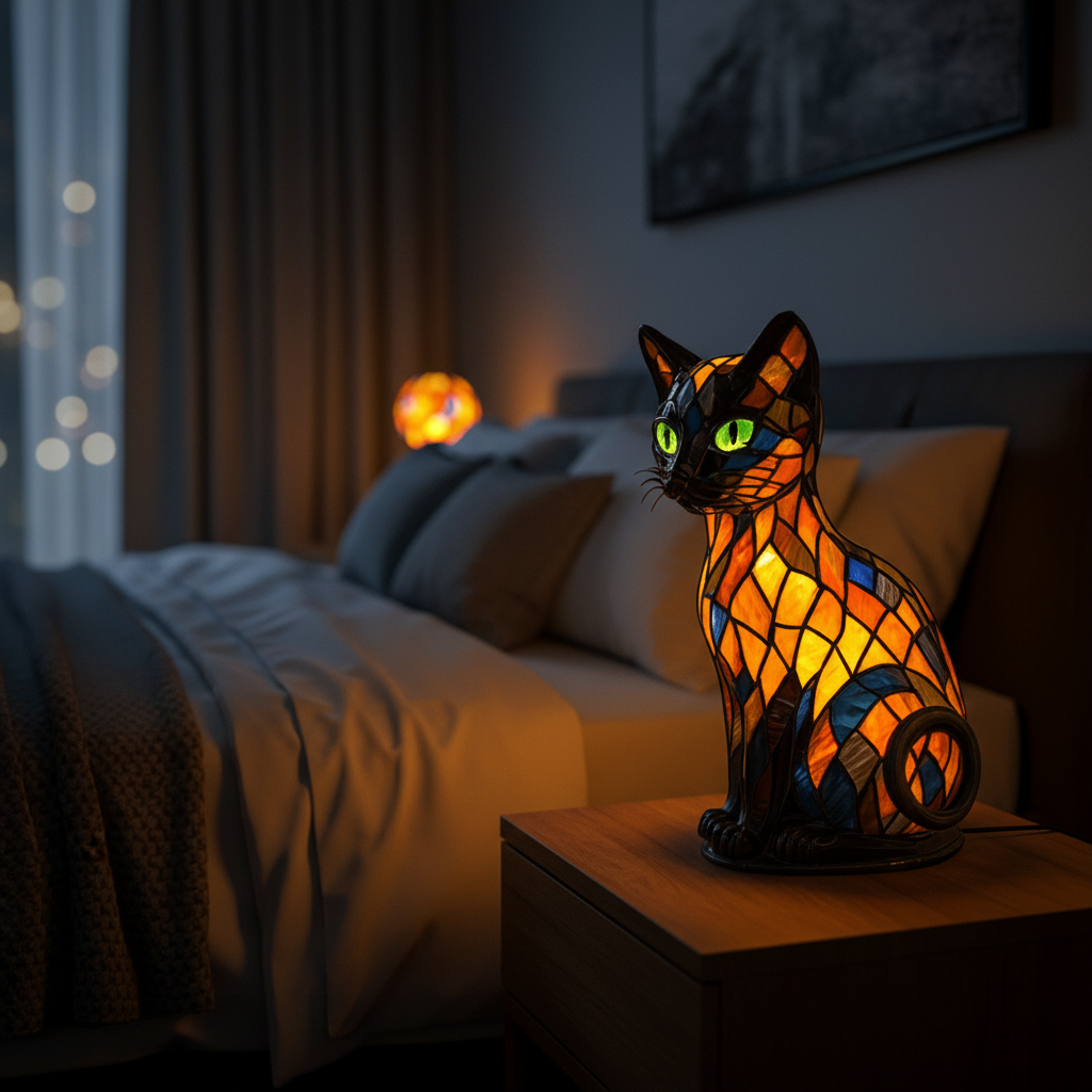 Lampe de table chat en verre coloré à motif mosaïque