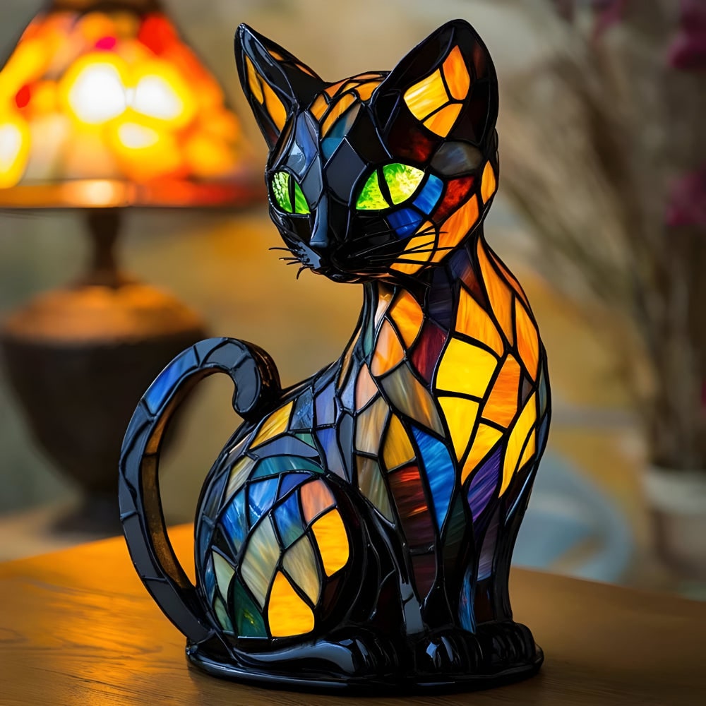 Lampe de chevet chat à mosaïque colorée