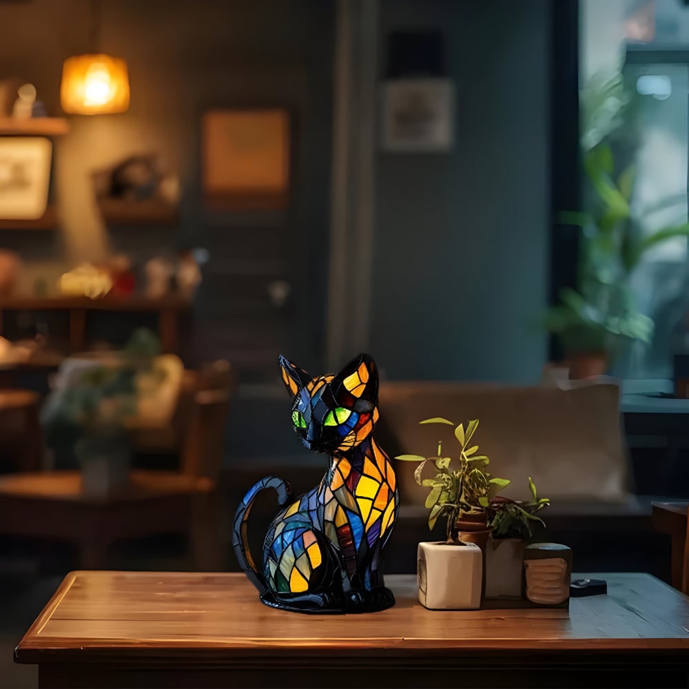 Lampe de chevet chat à mosaïque colorée