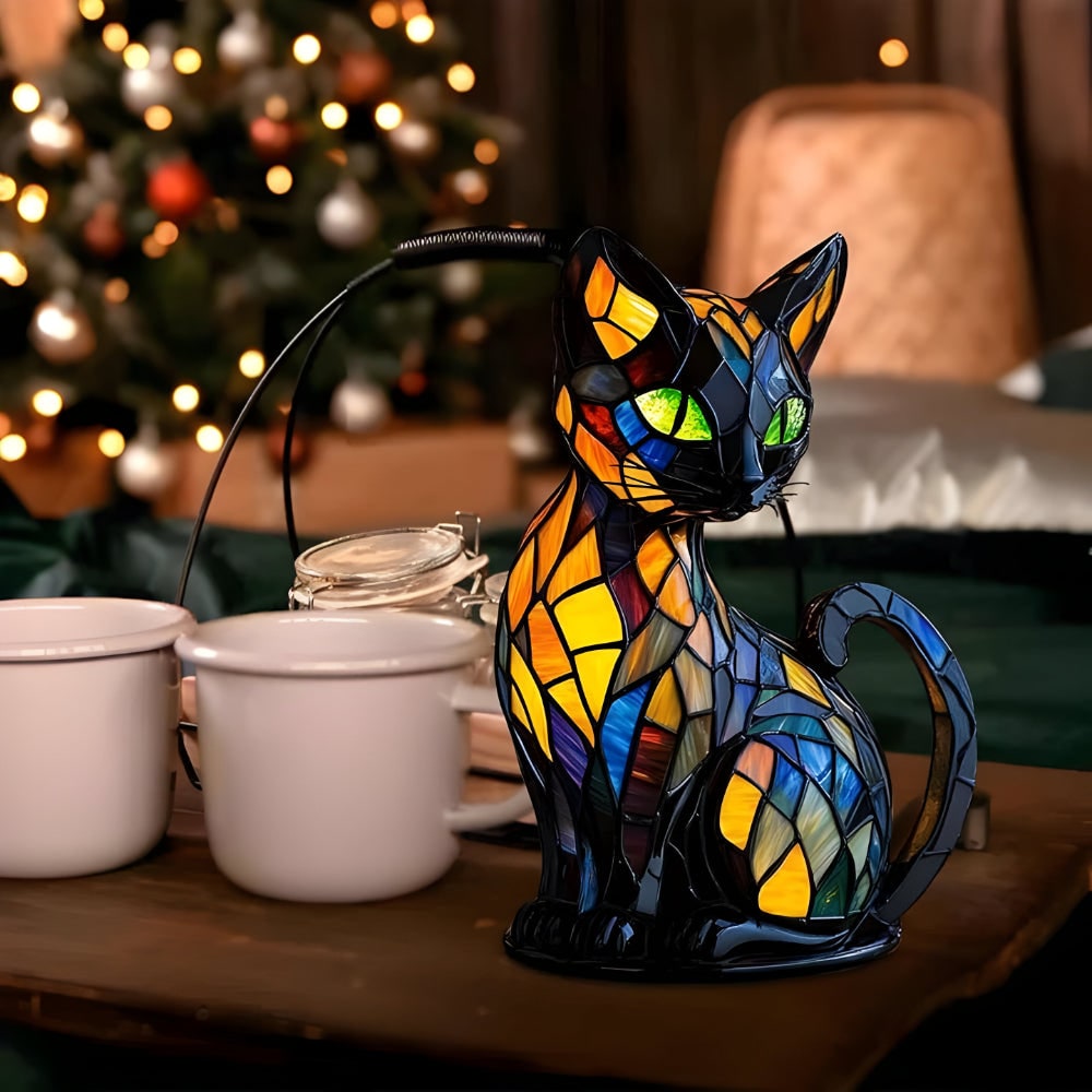 Lampe de chevet chat à mosaïque colorée