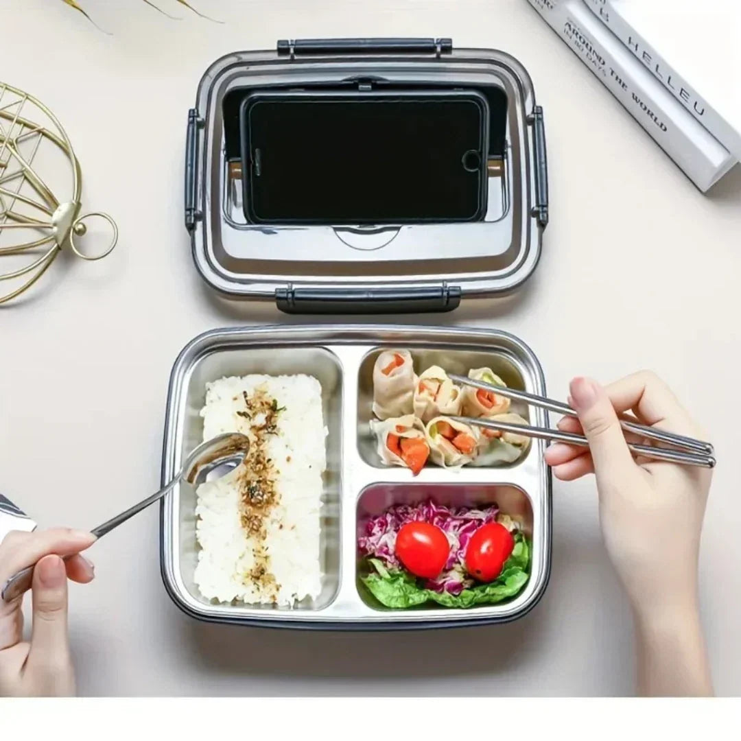 Boîte-repas à compartiments avec intérieur inox et couverts