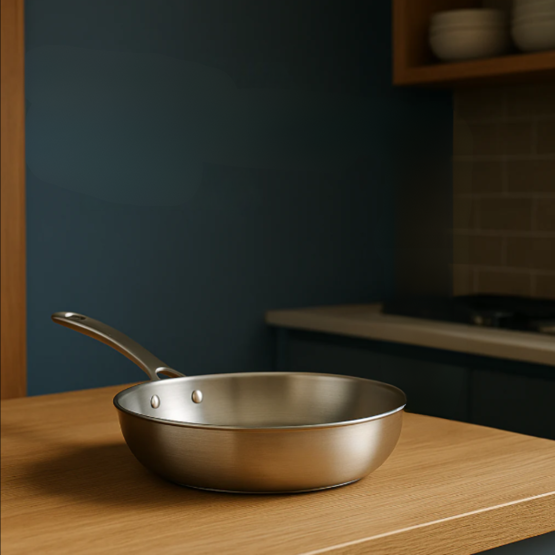 Poêle en acier inoxydable compatible induction avec manche ergonomique