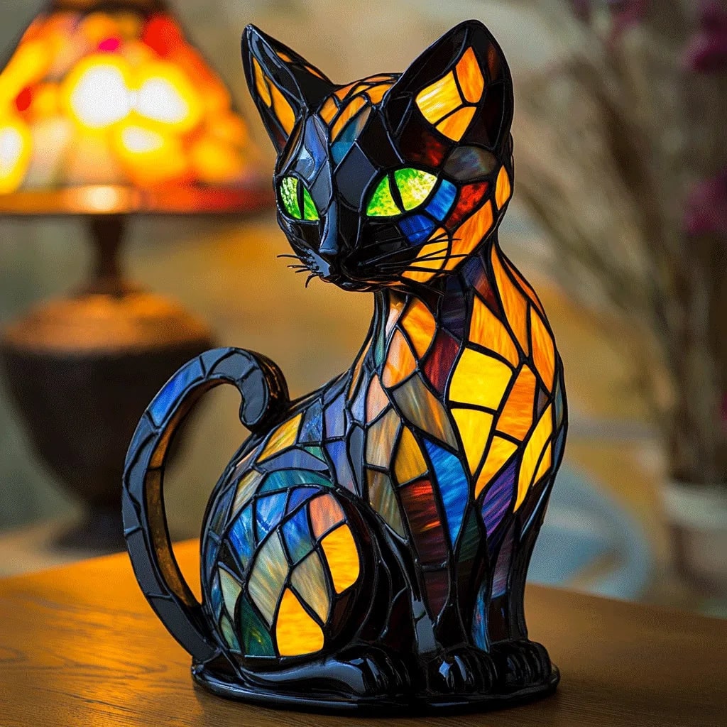 Lampe de table chat à panneaux colorés, 17 cm