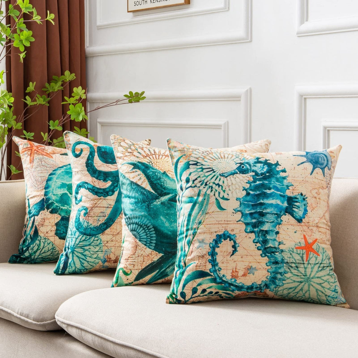 Housses de coussin carrées à décor marin, lot de 4