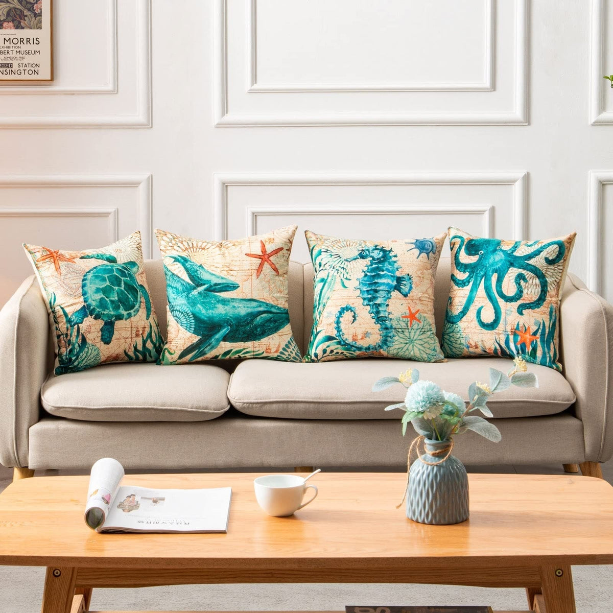 Housses de coussin carrées à décor marin, lot de 4