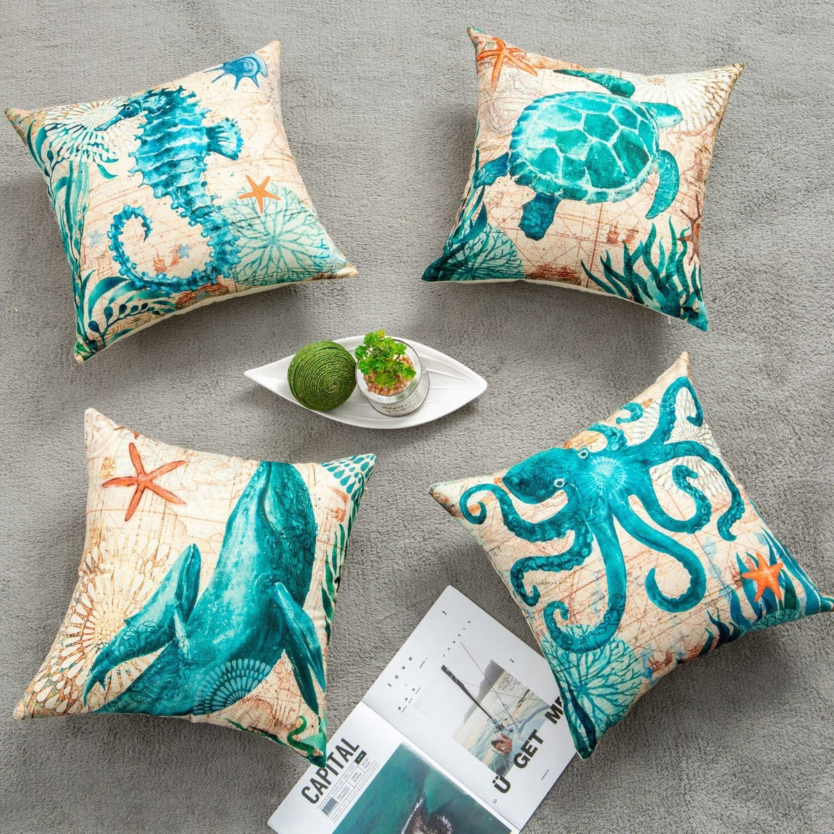 Housses de coussin carrées à décor marin, lot de 4