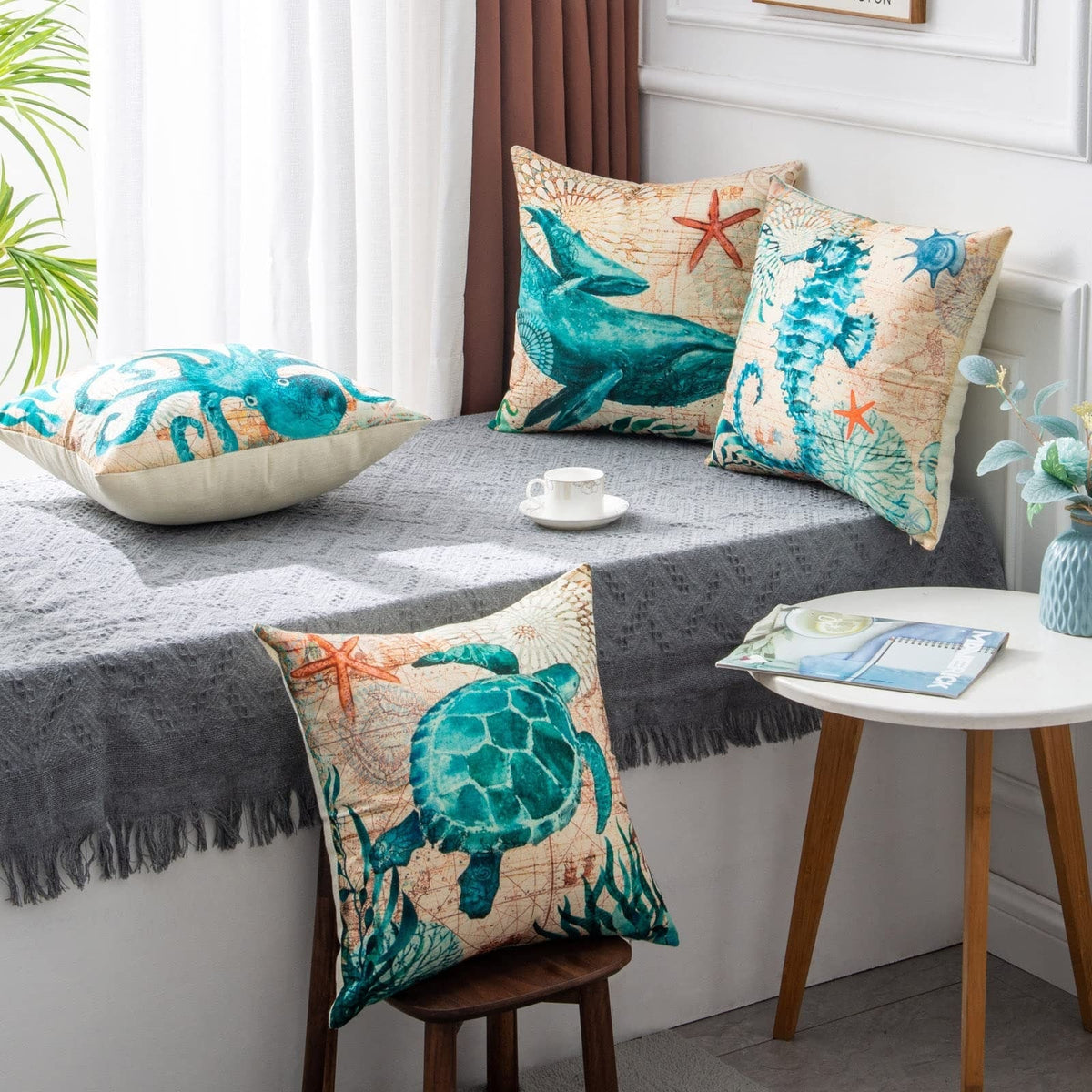 Lot de 4 housses de coussin à motifs marins