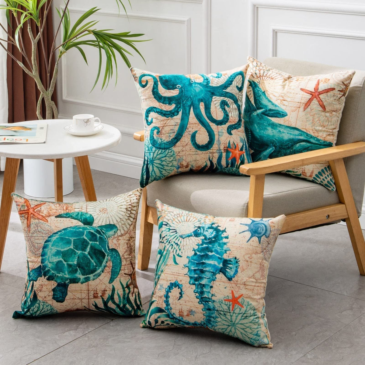 Lot de 4 housses de coussin à motifs marins