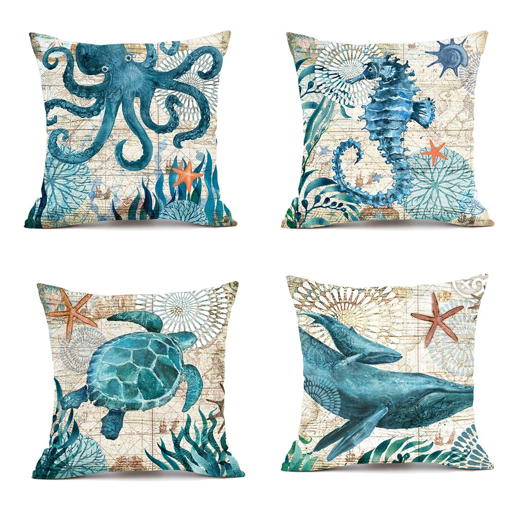 Housses de coussin carrées à décor marin, lot de 4