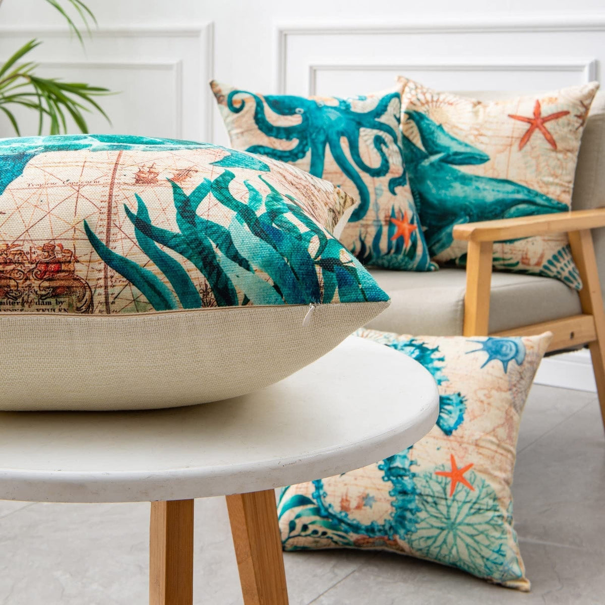 Housses de coussin carrées à décor marin, lot de 4