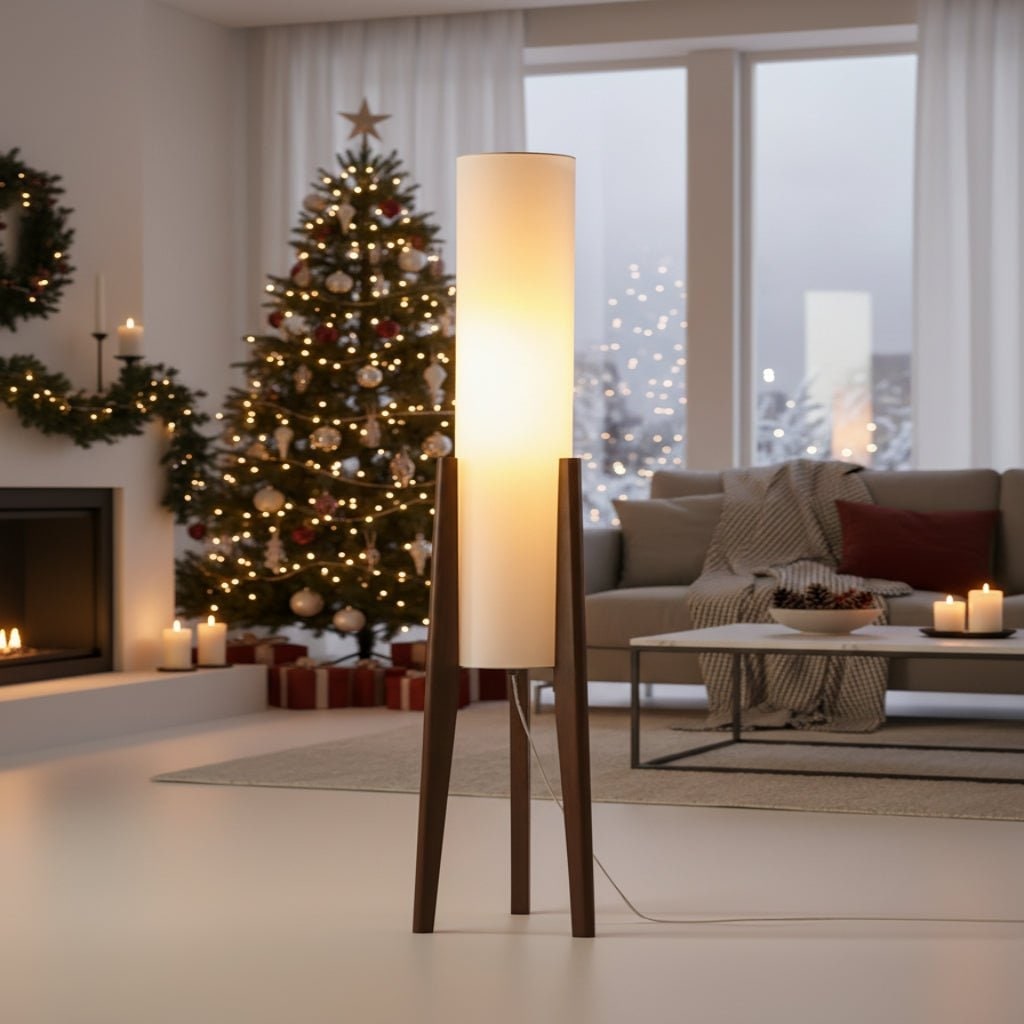 Lampadaire trépied en bois avec abat-jour textile, 127 cm