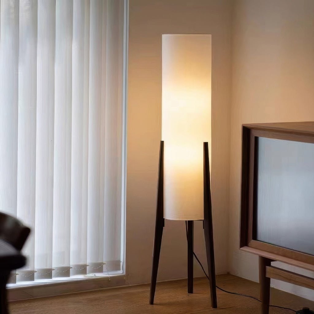 Lampadaire trépied en bois avec abat-jour textile, 127 cm