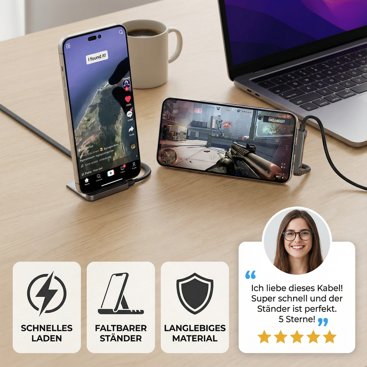Câble USB-C vers USB-C avec support de téléphone pliant, 150 cm