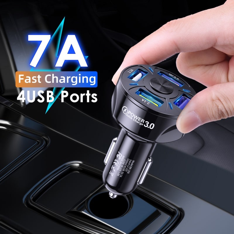Chargeur de voiture à 4 ports USB-A, puissance annoncée 45 W