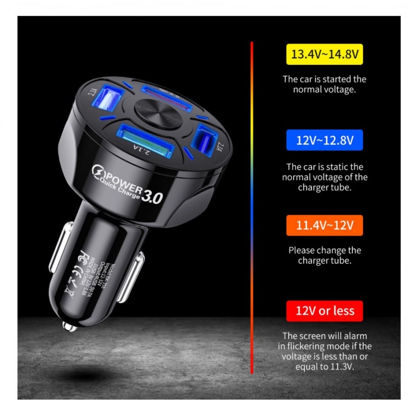 Chargeur de voiture à 4 ports USB-A, puissance annoncée 45 W