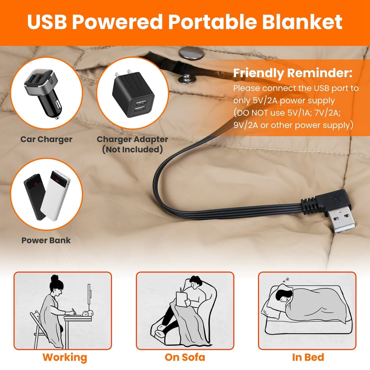 Couverture chauffante USB à porter, 6 zones et double commande