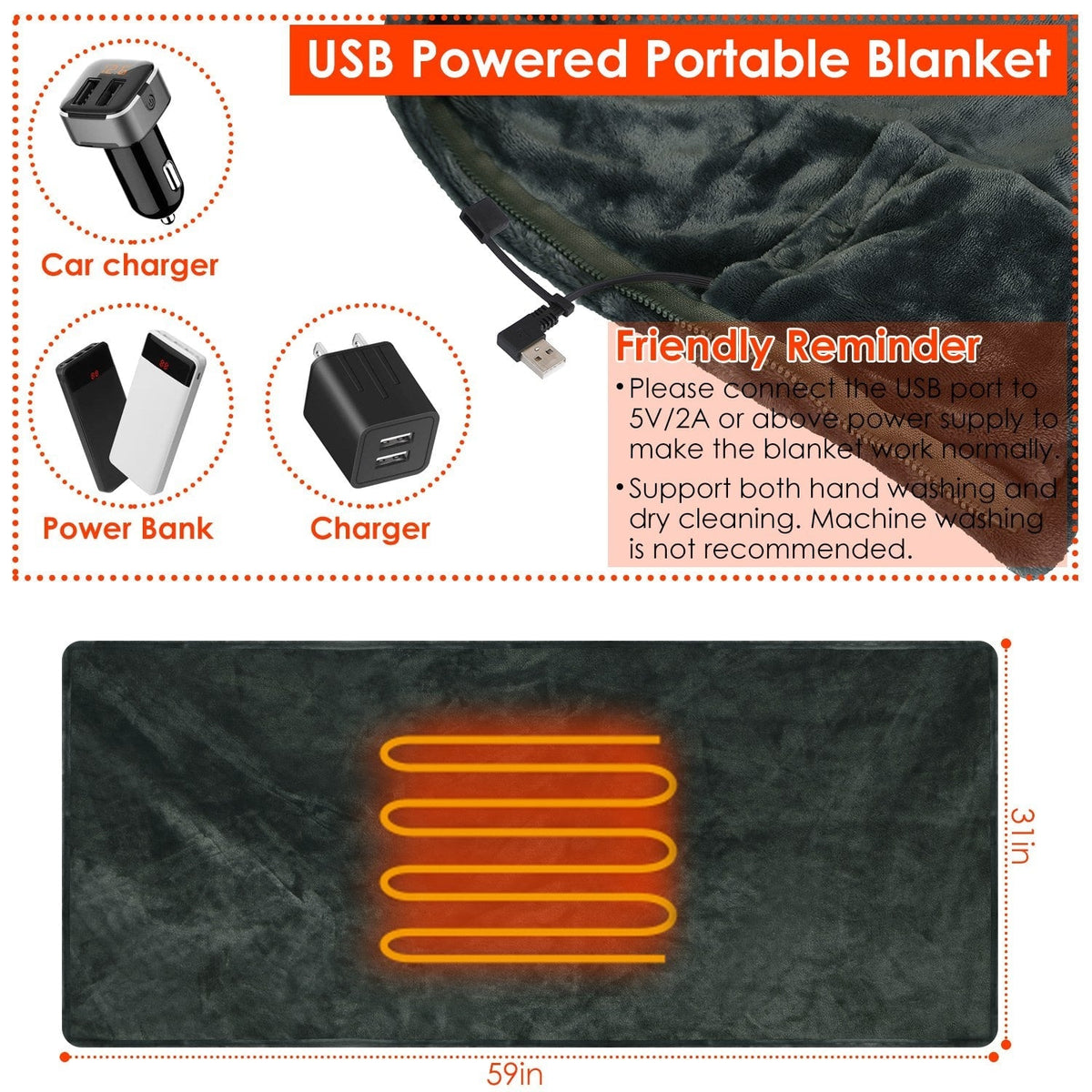 Couverture chauffante à porter en polaire USB, 150 × 80 cm
