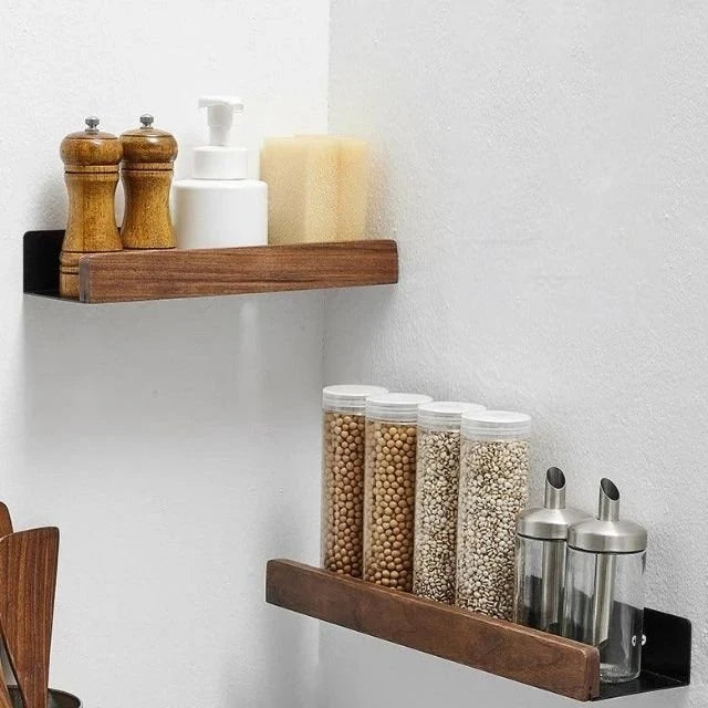 Étagère murale avec barre en bois et support métallique